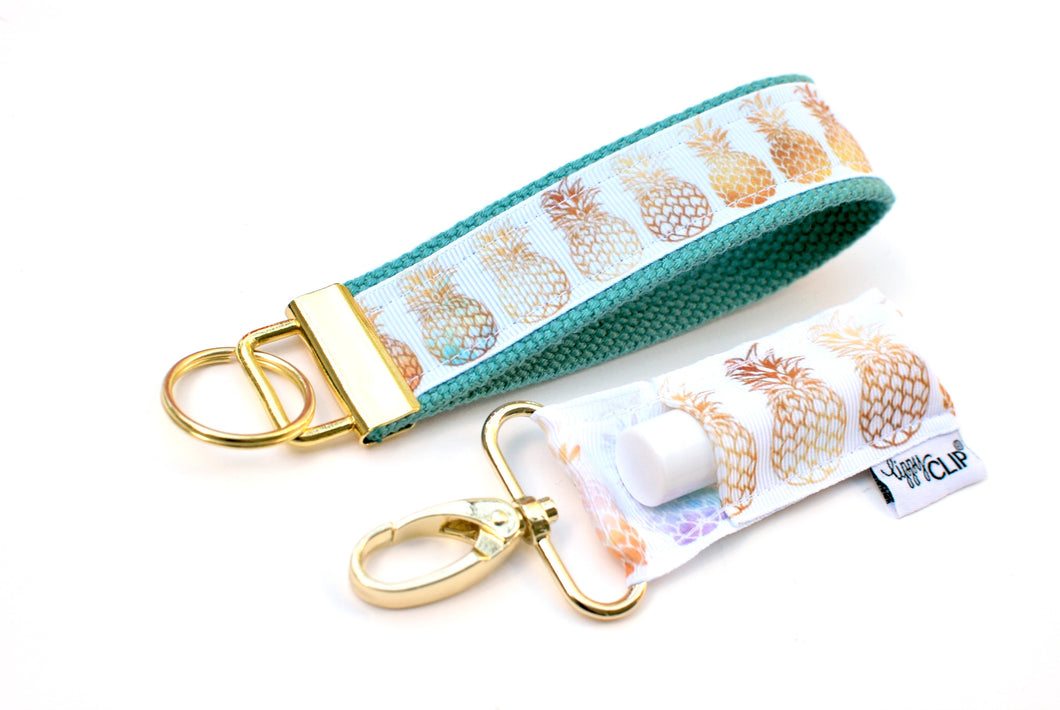LippyClip® Keychain - Gold Pineapples - Aqua Wristlet