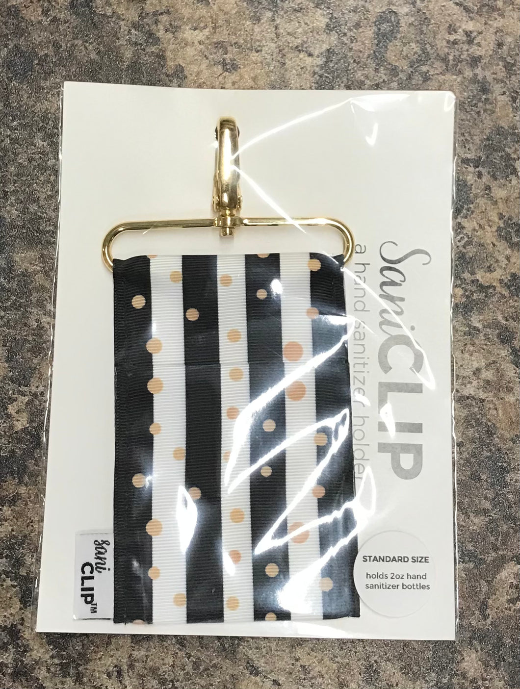 SaniClip™ Hand Sanitizer Bottle Holder - Black & White Stripes Gold Dots