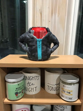 Blue and teal camo puffer jacket koozie for your favorite canned beverage. Fits a 12 ounce can and looks like a jacket.