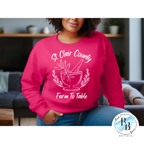 St. Clair County Farm to Table Merchandise - Apothecary Logo - Pink with White Ink