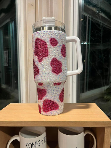 Ready To Ship | Pink - White Bling Cow Print Tumbler