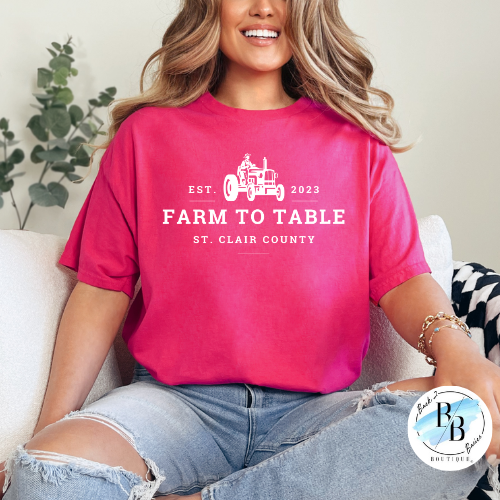 St. Clair County Farm to Table Merchandise - Tractor Logo - Pink with White Ink