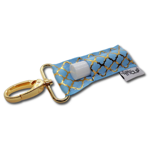 LippyClip® Gold Quatrefoil on Blue