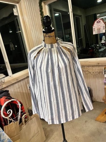 Rayon Blue White Striped Long Sleeve Blouse