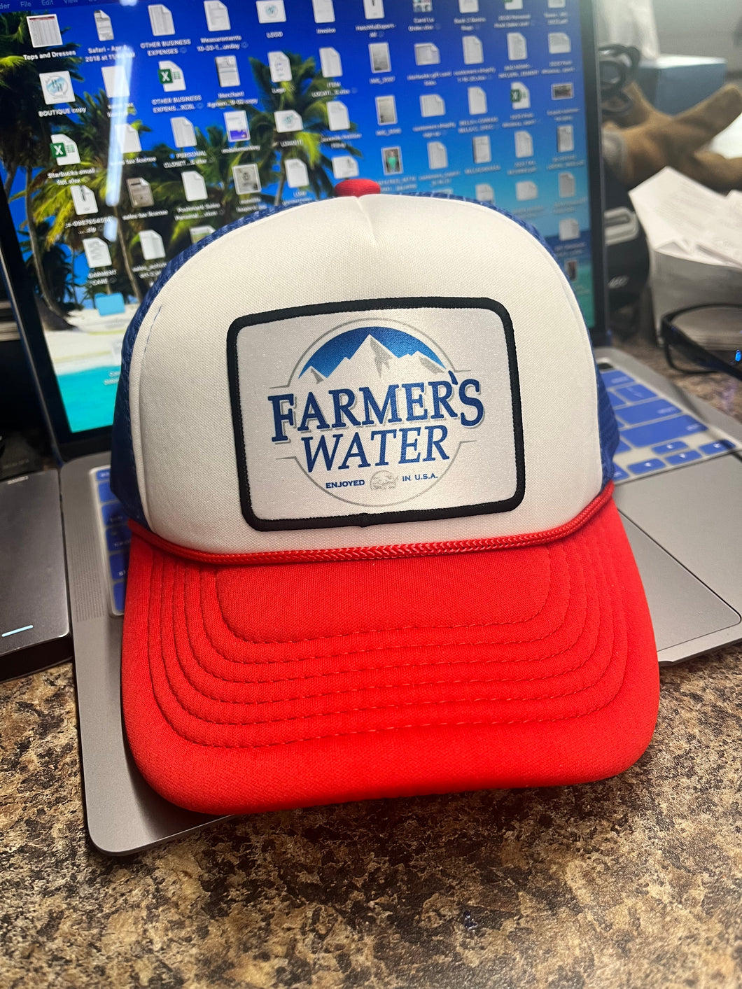 Ready To Ship | Farmer's Water Snap Back Baseball Hat (Red/White/Blue)