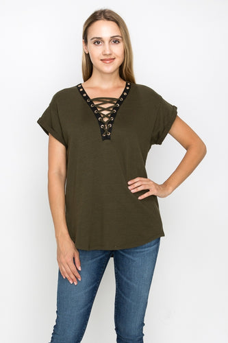 Lace Tie Tee - Olive