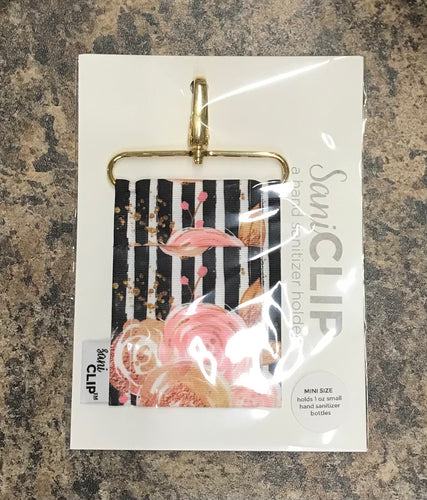 SaniClip™ Hand Sanitizer Bottle Holder - Pink Gold Floral Black Stripes