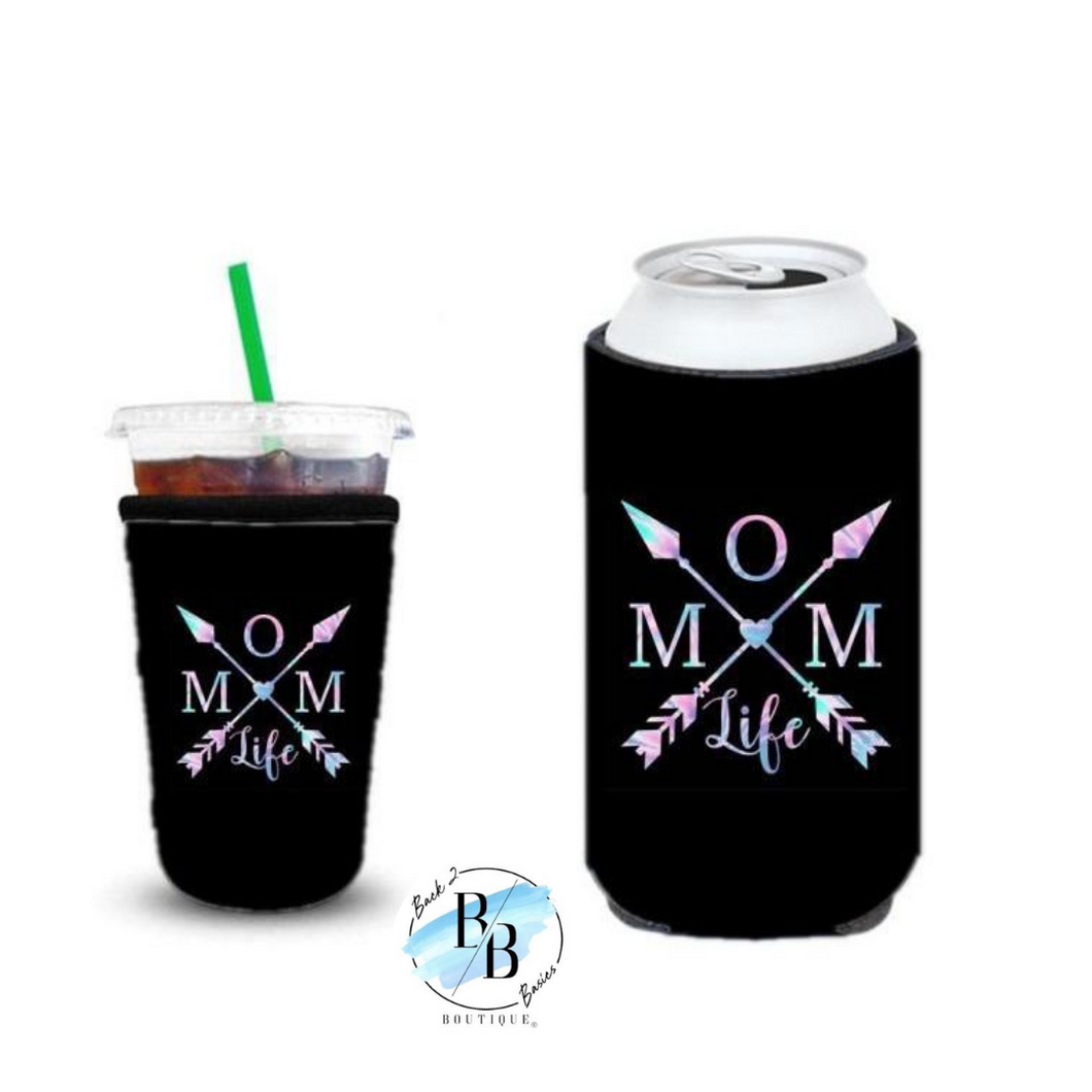Mom Life With Iridescent Arrows Tall Slim Can Koozie