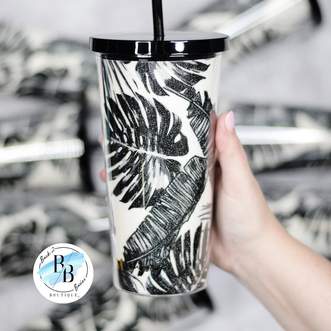 Black and White Palm Tumbler with Glitter