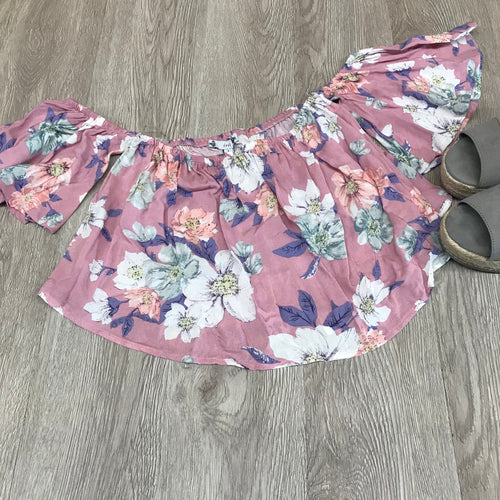 Pink Floral Cold Shoulder Ruffle Crop Top