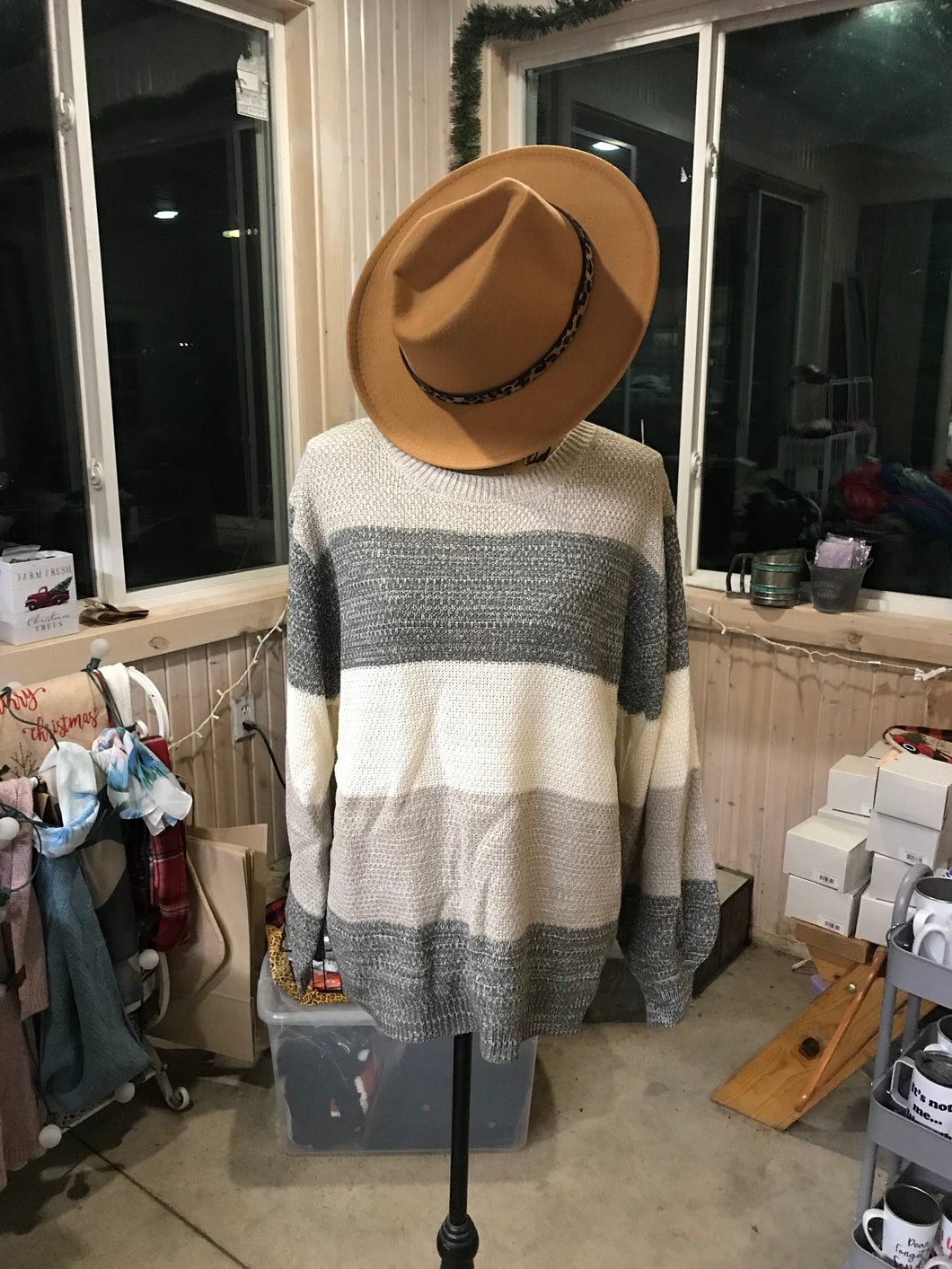 Tan Cream Gray Striped Pullover Sweater