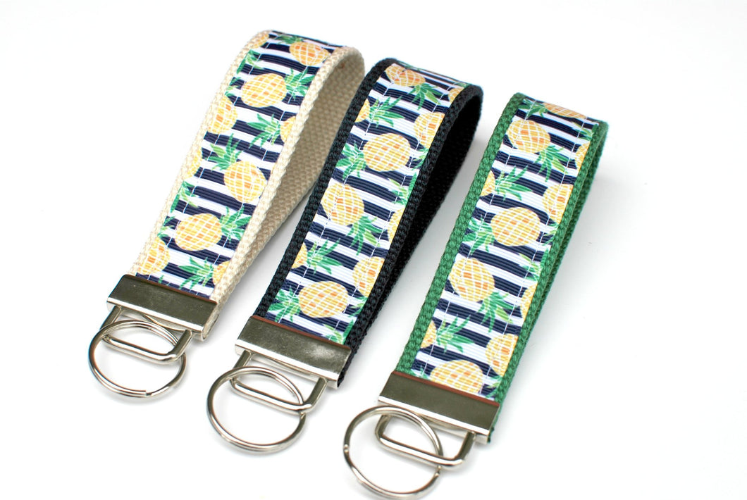 LippyClip® Keychain - Navy or Green White Stripe with Pineapples - Navy or Green